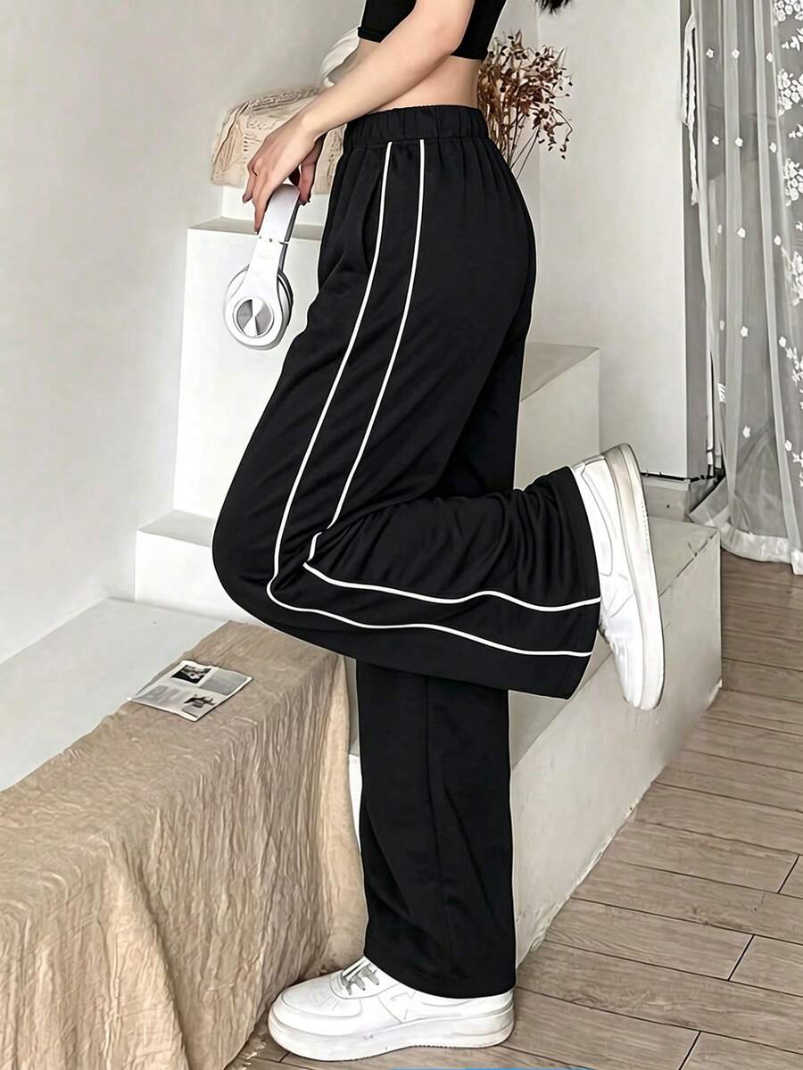 Tween Girl 1pc Simple Casual Versatile Straight Leg Pants For Exercise And Outdoor, Spring Summer Autumn Winter Back To School - 黑色 - 查看 1