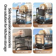 Kusuxva This Double-Layer Metal Kitchen Countertop Dish Rack Is Space-Saving And Durable. It Comes With A Knife And Fork Holder, Cup Holder, Cutting Board Holder, And Rust-Proof Drain Tray. Kitchen Storage Items Help You Keep Your Kitchen Neat And Organized. - Black - View 7