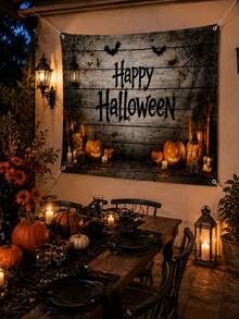 1pc Happy Halloween Backdrop, Pumpkin, Bat, Spider Web, Lantern And Rustic Wood Plank Print Polyester Rectangular Background Cloth With 4 Grommets For Living Room, Photo Booth, Haunted House, Party And Fall Decor - Multicolor - View 5