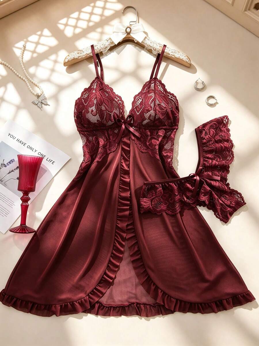 Temptuelle 2pcs Plus Size Women Lace & Mesh Patchwork V-Neck Camisole Lingerie Set, Suitable For Home Wear & Sexy Intimates - Redwood - View 1