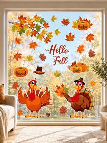 2pcs Thanksgiving Window Stickers, Removable Glass Decals, Cartoon Turkey Pumpkin Maple Leaf Hello Fall Pattern, Window Door Wall Party Decoration, For Adults, Thanksgiving Decor, Autumn Harvest Seasonal Holiday Decoration Supplies - Multicolor - View 6