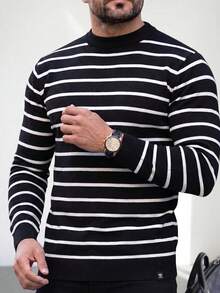 Men's Minimalist Colorblock Horizontal Striped Crew Neck Knit Sweater, Soft Long Sleeve Pullover, Casual Layering Base Top - Black - View 3