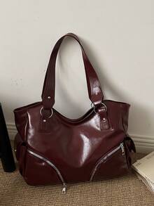 Vintage Large Capacity Tote Bag For Women, New Popular Minimalist Commuter Shoulder Bag - Red - View 8