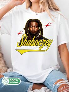 Shaboozey Dreadlocks Cotton T-Shirt With Sparkly Yellow Retro Portrait Lettering For Country Rap Singer Fans. - 白色 - 查看 1