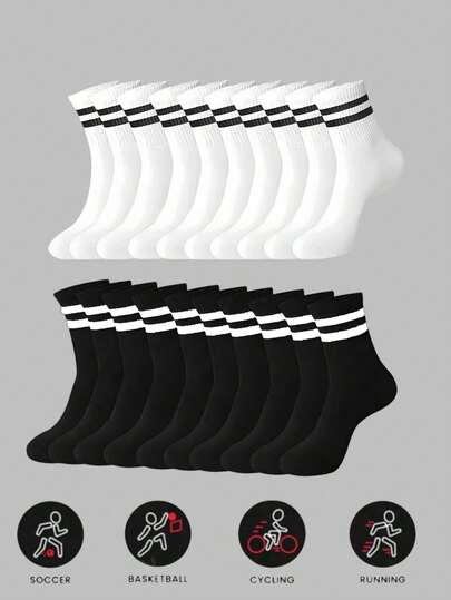 3/6/10 Pairs Of Unisex Striped Middle Socks, Casual Daily Full Socks, Black/White/Striped Printed Casual Socks, Multifunctional Parallel Bar Striped Student Middle Socks