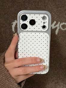 INS風愛心化妝鏡支架手機殼，相容 iPhone 18 17 16 15 14 13 12 Pro Max，波點清新防震保護殼 - 白色 - 查看 7