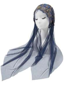 1pc Women's Elastic Embroidered Tie-Up Polyester Headscarf/Cap, Beaded Headwrap, Sun Protection, Fashionable For Travel And Daily Wear Sleep Bonnet - Embroidered Long Hat - View 8