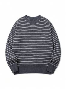 Sweater Rajut Pria Kasual untuk Liburan, Perjalanan Sehari-hari, Pulang ke Rumah, Serbaguna, Blok Warna, Garis-garis, Kerah Bulat, Lengan Panjang, Longgar, Berusuk, Pullover, Musim Gugur/Dingin - Grey - View 2