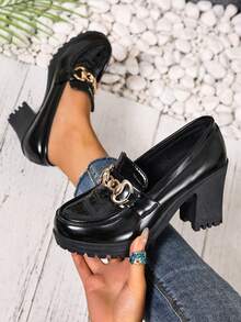 2026 Spring/Autumn New Women's High Heel Slip-On Pumps With Thick Heel, Fashion Buckle Work Shoes - Black - View 1