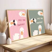 1 pieza/Set Arte de pared en lienzo, Póster de pared de baño con ganso lindo y humorístico "¿Estás haciendo caca?", Fondo de rayas rosas, Póster de pato humorístico, Diseño minimalista de papel higiénico, Adecuado para baño, baño de niños y baño de invitados, Marco no incluido - Dibujos animados - Ver 1