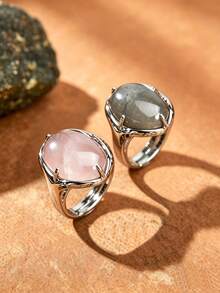 2 piezas Anillo abierto de moda de piedra natural y cristal natural de cuarzo rosa y labradorita, regalo para el Día de la Madre, Día de San Valentín y cumpleaños - cuarzo rosa y labradorita - Ver 1