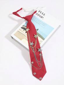 1pc Sweet Cool Style Metal Chain Star No-Tie Necktie, Unisex Preppy Shirt Accessory - Red - View 6