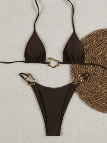 Bikini Polovedo Official Putih dengan Tali Spaghetti, Dihiasi dengan Cincin Logam Asimetris, Pakaian Renang Elegan yang Cocok untuk Liburan Pantai dan Pesta Musim Panas - Khaki - View 1