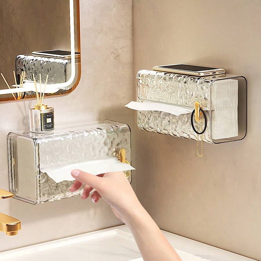 Transparent Tissue Box, Multifunctional No-Drill Bathroom Glacier Pattern Paper Towel Storage Box, Suitable For 19x10cm Tissue Packs - Multicolor - View 1
