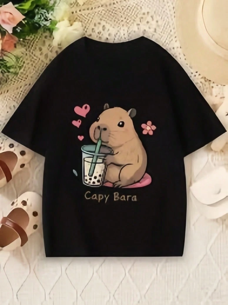 Women's Casual, Creative And Cute Capybara Graphic Pattern T-Shirt, Short-Sleeved, Basic And Stylish - Black 4 - View 1