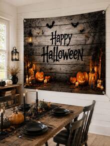 1pc Happy Halloween Backdrop, Pumpkin, Bat, Spider Web, Lantern And Rustic Wood Plank Print Polyester Rectangular Background Cloth With 4 Grommets For Living Room, Photo Booth, Haunted House, Party And Fall Decor - Multicolor - View 3
