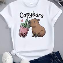 Women's Casual, Creative And Cute Capybara Graphic Pattern T-Shirt, Short-Sleeved, Basic And Stylish - 白色7 - 查看 10