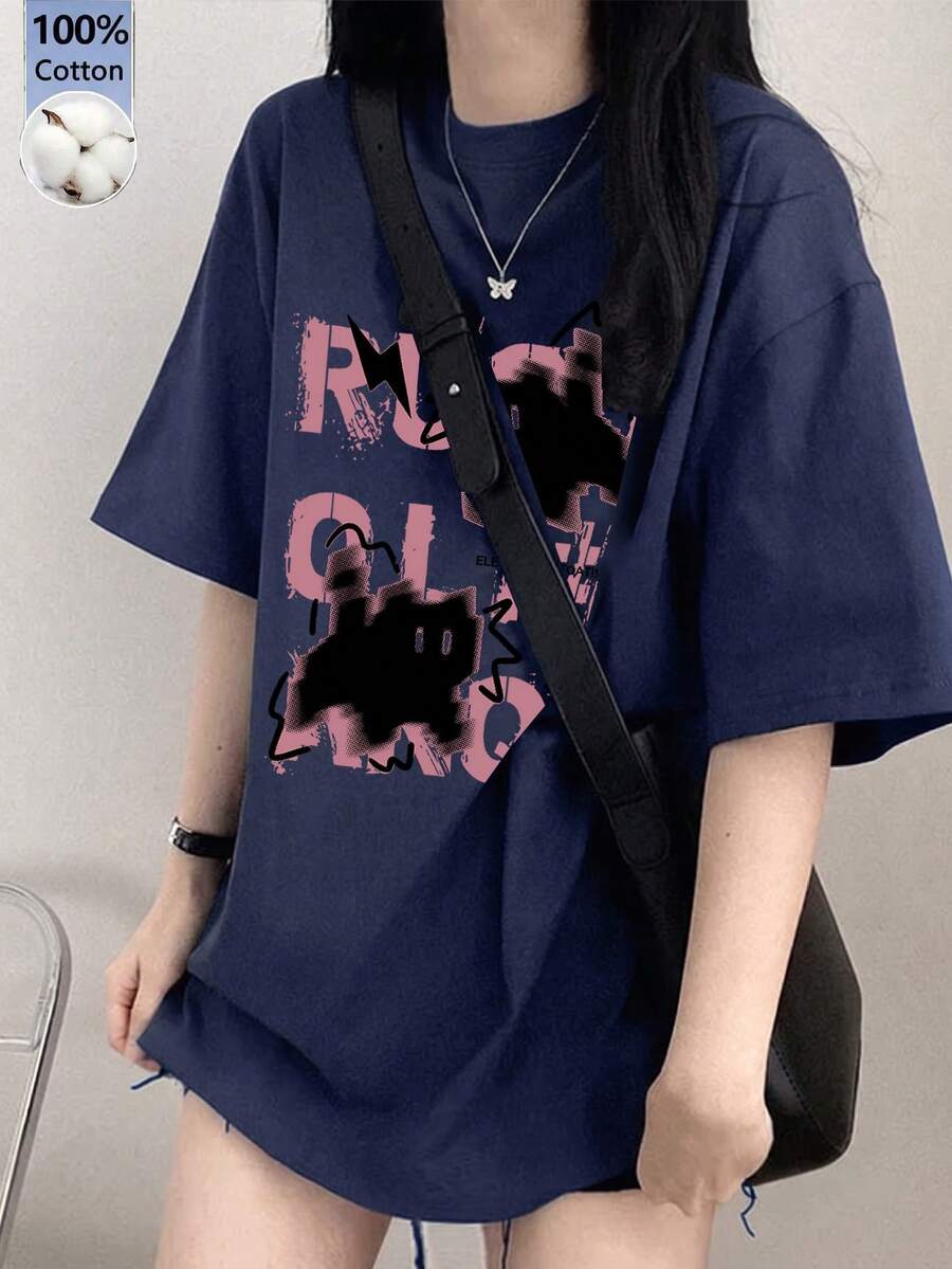 Japanese Style Women's Loose Casual Round Neck Letter & Cartoon Cat Print Short Sleeve T-Shirt, Versatile For Spring/Summer - Dark Blue - View 1