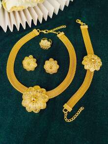 1 Necklace, 1 Pair Earrings, 1 Bracelet, 1 Ring Fashion Women's Gold-Plated Flower Pendant Jewelry Set 4pcs, Saudi Arabia, Middle East, Dubai, Europe, America, Africa, Bride, Wedding, Banquet, Date, Dress Accessories, Mother's Day, Valentine's Day, Wedding Season, Birthday, Music Festival, Holiday Gift, Daily Wear, Gift For Mom, Sister, Girlfriend - Yellow Gold - View 2