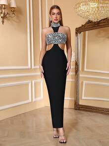 Love Aing Vestido de noche sexy negro para invitada de boda, cóctel, escenario, hecho a mano con pedrería, fiesta de cóctel, banquete, baile, fiesta, sin mangas, vacaciones - Negro - Ver 5