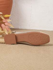 Women's Breathable Mesh & Leather Patchwork Square Toe Chunky Low Heel Back Strap Knit Apricot Slingback Pumps - Apricot - View 5