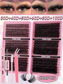 720pcs Ultra High Density DIY False Eyelash Set, 8-16mm 10D-150D D Curl Natural Style, Ultra Thick & Fluffy, Suitable For Daily Use And Beginners, Perfect For Daily Occasions, Weddings, Outdoor Activities, Travel, Parties - Pink - View 14