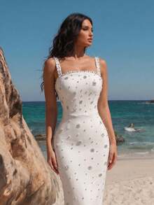 New Sexy Spaghetti Strap Square Neck Backless High-End Rhinestone Floral Design Solid Color Slim Fit Flattering Long Bridesmaid Dress - White - View 8