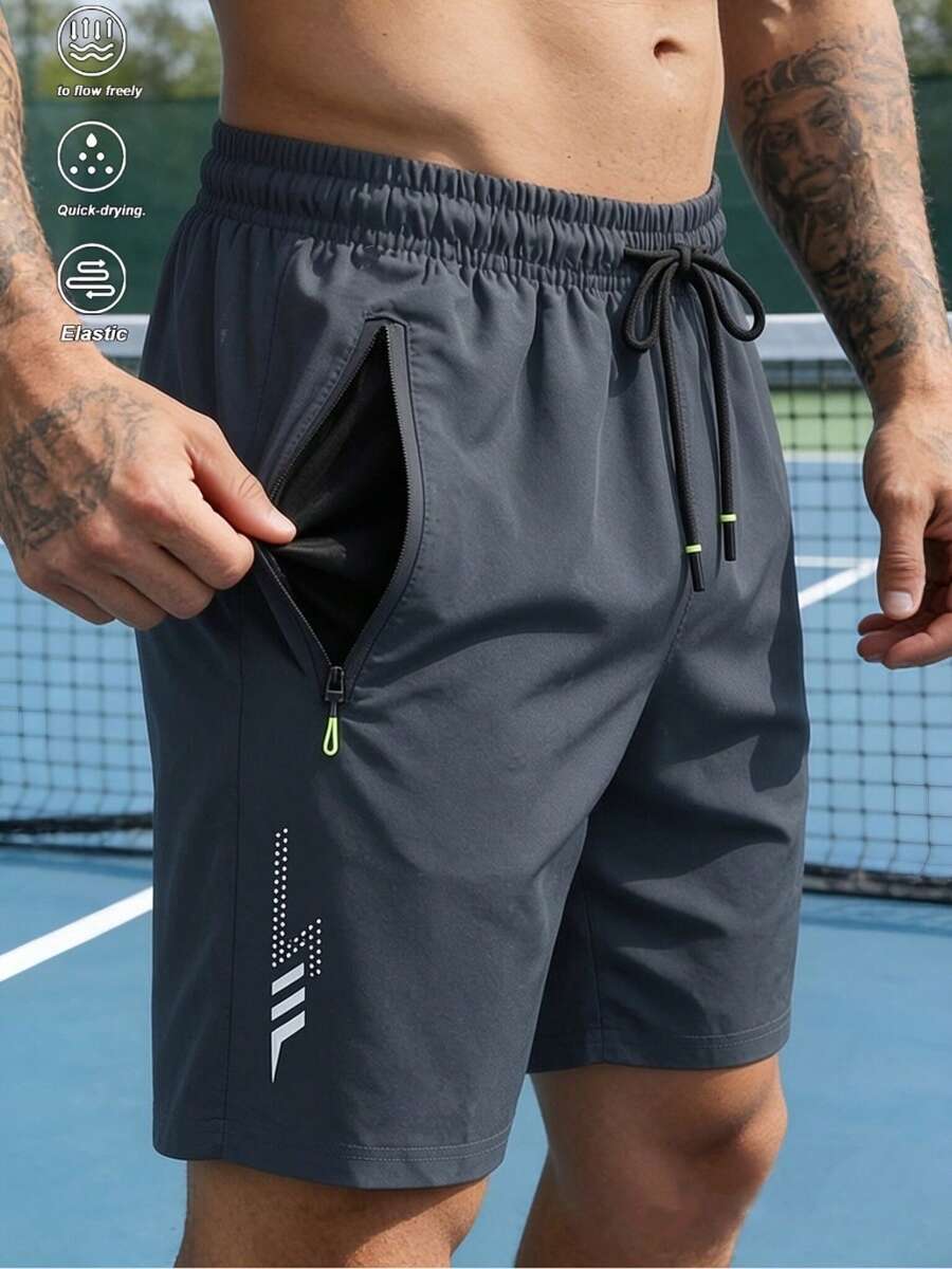 1pc Men's Casual Minimalist Style Shorts, With Letter Print Pockets And Drawstring, Elastic Waist Zipper Pockets Shorts Sports Summer - Grey - View 1