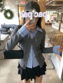 Women's 2 In 1 Cardigan, Plaid Patchwork, Tie Front And Long Sleeves - Grey - View 8