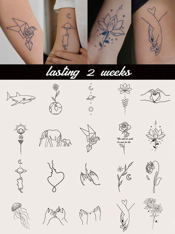 20PCS Semi-Permanent Tattoo Stickers, Minimalist Multi- Floral Elephant Shark Jellyfish Patterns, Y2K Music Festival, Valentine's Day, Carnival, DIY Party Holiday Gift, 1-2 Weeks No Fading No Reflection Suitable For Fingers Behind Ears Shoulders Neck Collarbone Natural Plant Ingredients Temporary Fake Tattoo Waterproof Realistic Tattoo Stickers