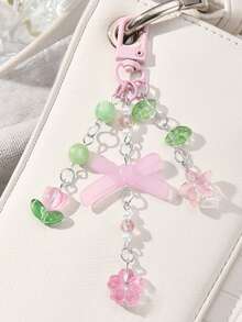 1pc Exquisite Sweet Pink Resin Bow Flower Bag Charm, Glitter Wing Keychain Pendant - Multicolor - View 7