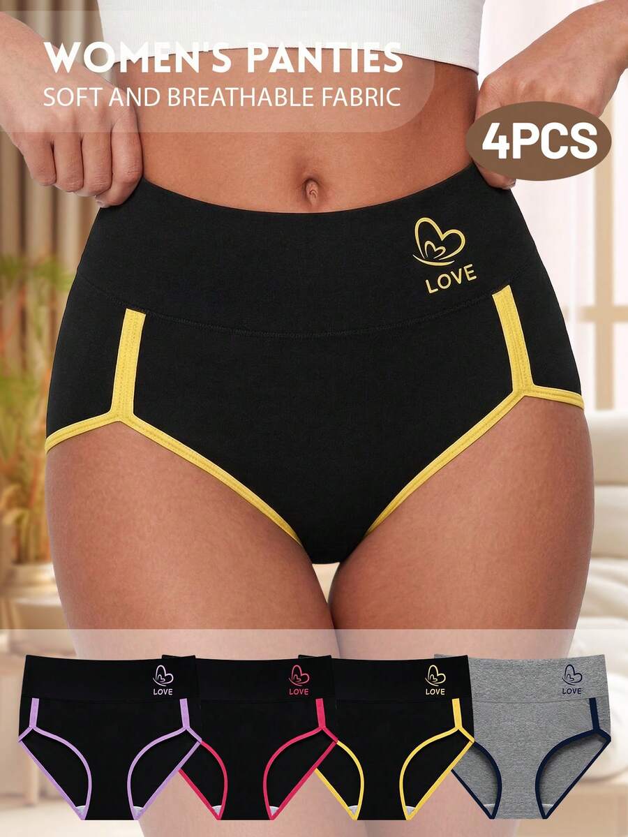 MEIYATING 4pcs/Pack Women's Mid-High Waist Fashion Colorblock Triangle Panties, Comfortable Fit