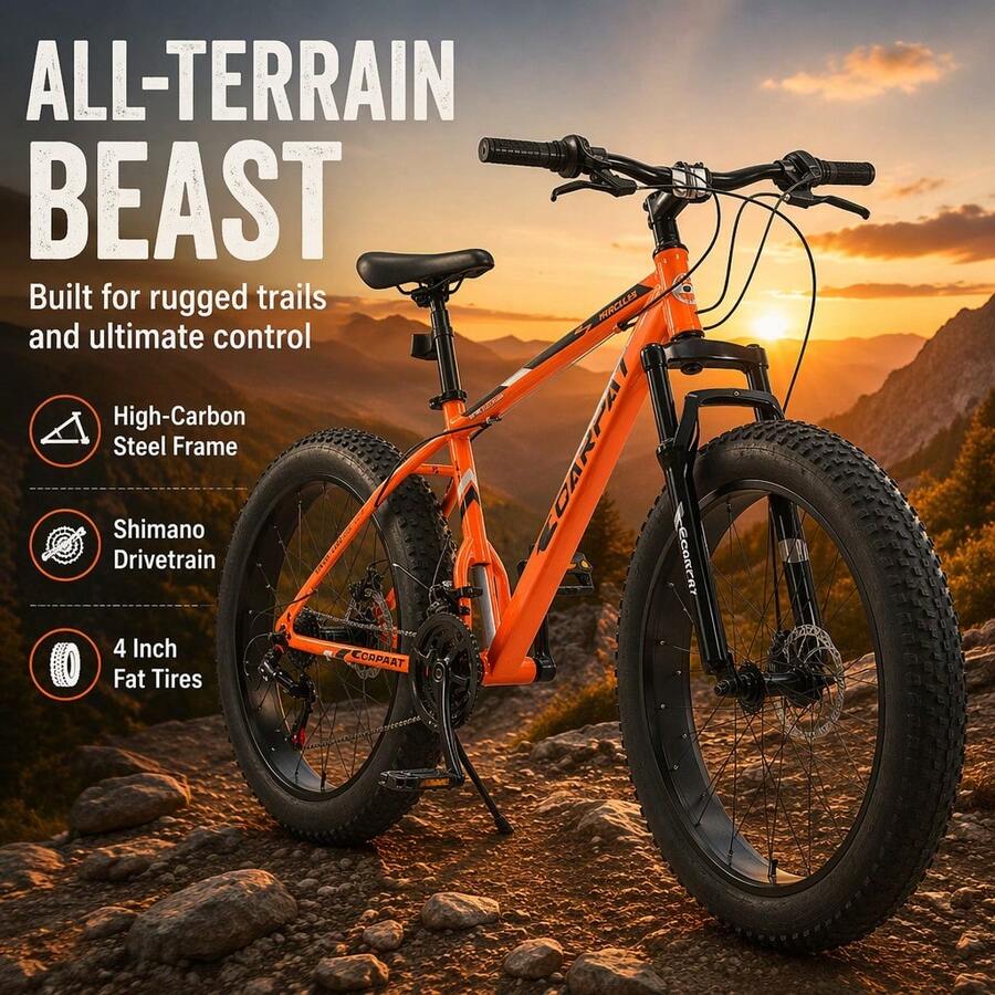 26 Inch Fat Tire Bike Adult/Youth Full  21 Speed Mountain Bike, Dual Disc Brake, High-Carbon Steel Frame, Front Suspension, Mountain Trail Bike, Urban Commuter City Bicycle - Orange + Steel + American Design - View 1