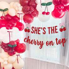 1 Set "She's The Best" Banner Decoration, Red Cherry And Pink Bow, Cute Cherry Theme Birthday Party Baby Shower Backdrop Decor - Red - View 5