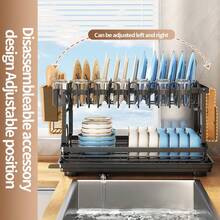 Kusuxva This Double-Layer Metal Kitchen Countertop Dish Rack Is Space-Saving And Durable. It Comes With A Knife And Fork Holder, Cup Holder, Cutting Board Holder, And Rust-Proof Drain Tray. Kitchen Storage Items Help You Keep Your Kitchen Neat And Organized. - Black - View 8