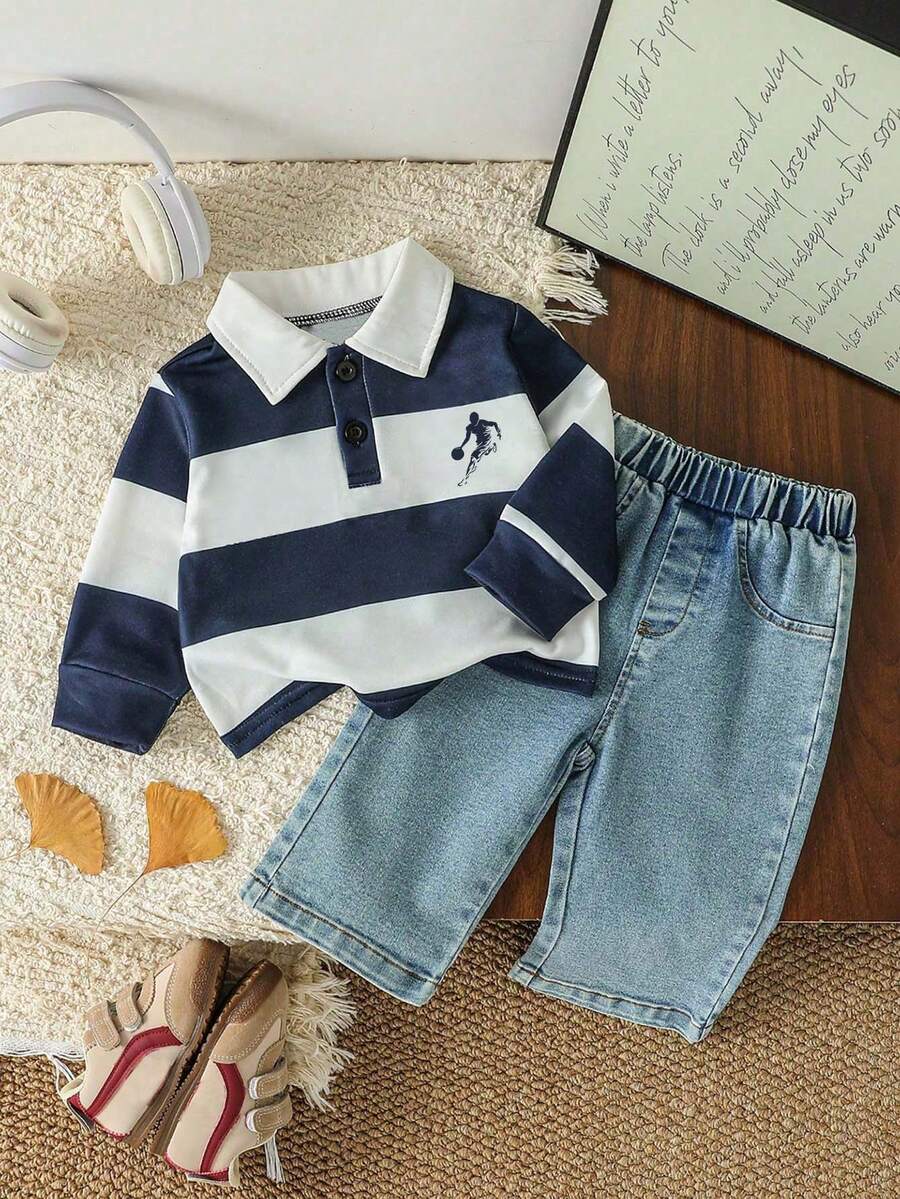 Baby Boy Striped Pattern Print Polo Collar Long Sleeve Sweatshirt And Denim Jeans - Blue - View 1