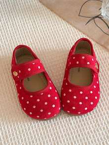 Four Seasons Vintage Matte Suede Mary Jane Princess Shoes For Girls, All-Over White Polka Dot Print + Metal Snap Design, Lightweight Soft Sole Anti-Slip Low Vamp Shoes For Baby Girls' New Year Outfits - Red - View 2