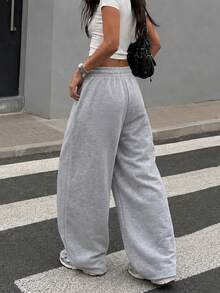 Women's Light Gray Wide Leg Sweatpants, Oversized Loose Drawstring Elastic Waistband Pocket Pants, Autumn Back To School Streetwear Style Sports - Light Grey - View 5