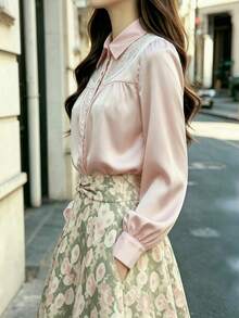 Women's Solid Satin Lace Collar Chest Ruffle Shirt, Button Front Long Sleeve Top For Office, Home, Vacation, Holiday, Spring Summer Fall Winter Pink - Pink - View 6