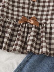 2pcs Baby Girl Vintage Casual 3D Bow Plaid Top & Floral Embroidered Tassel Trim Denim Faux Pocket Long Pants Set, Spring/Autumn - Coffee Brown - View 5