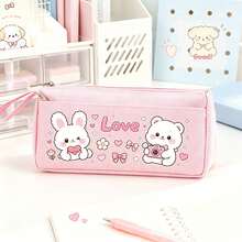 Cute Cartoon Rabbit & Bear Canvas Pencil Case, Heart Pattern Large Capacity Pencil Pouch, Perfect Back To School Gift For Kids, First Day Of School - Multicolor - View 10