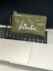 女款時尚黑色尼龍手腕包，經典純色拉鍊收納包，附金色刺繡字母 Logo - 軍綠色 - 查看 6