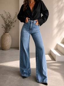 Women's Casual Washed Denim Wide Leg Pants, With Pockets, Long Length, Medium Stretch, All Season Fashion Style Fall - Medium Wash - View 1
