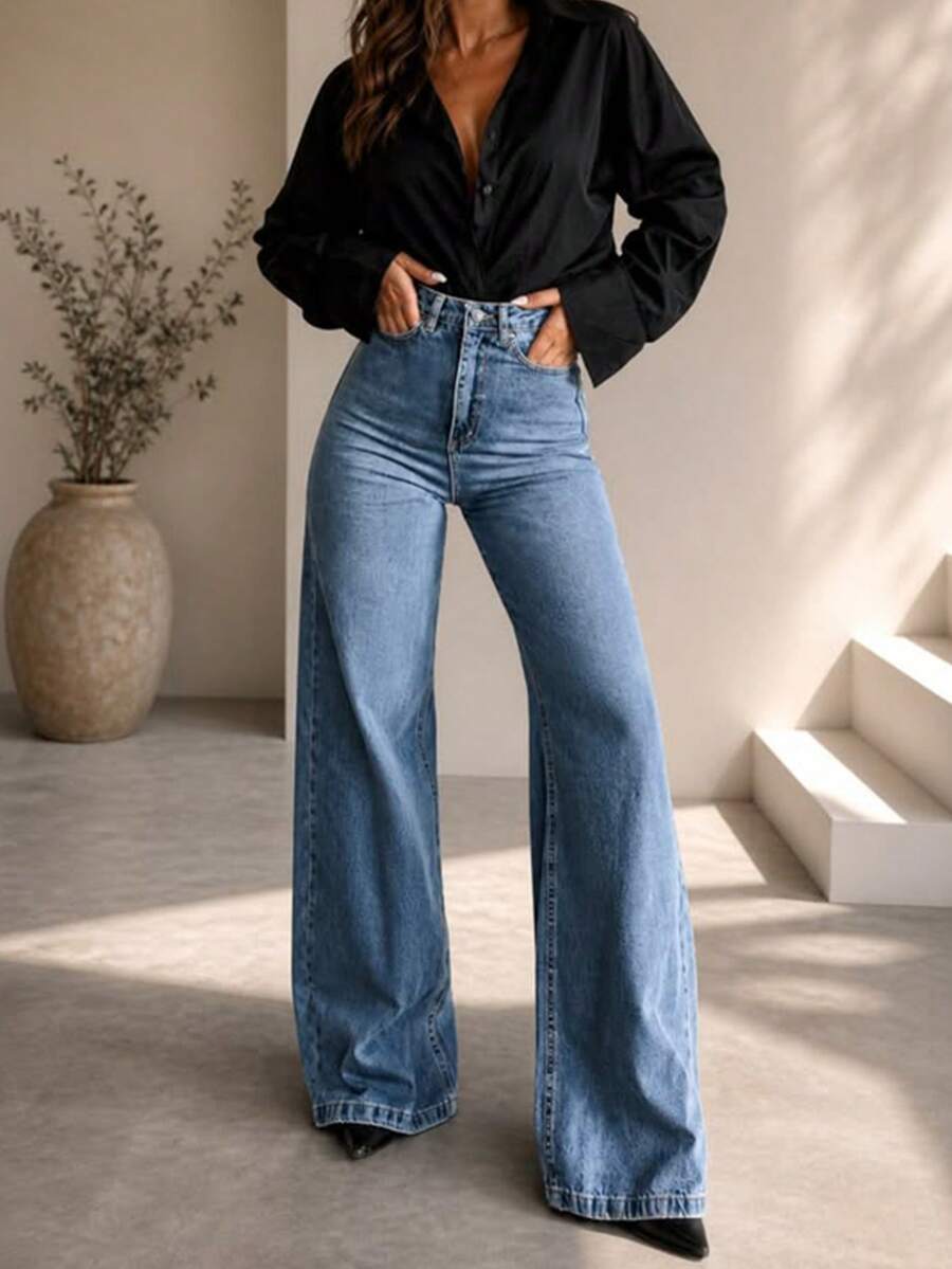 Women's Casual Washed Denim Wide Leg Pants, With Pockets, Long Length, Medium Stretch, All Season Fashion Style Fall - Medium Wash - View 1