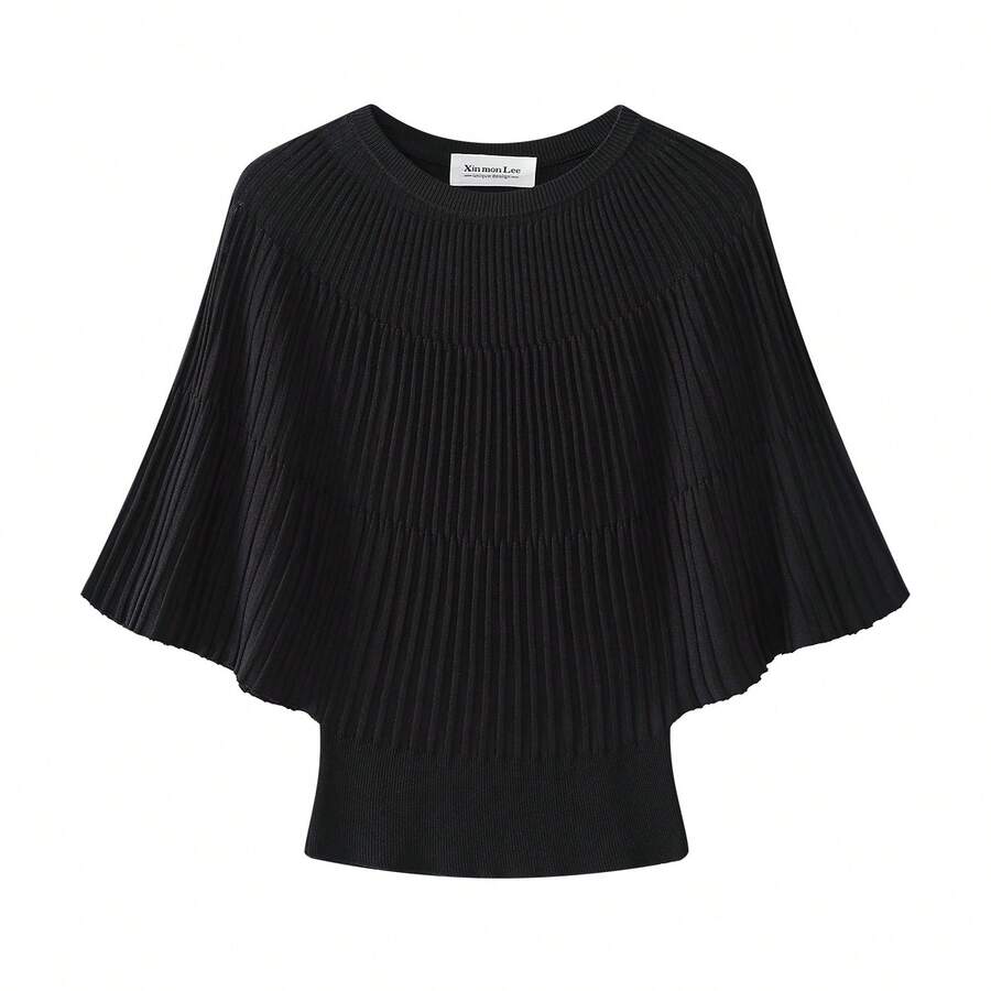 Commuter Versatile Round Neck Pleated Batwing Sleeve Knit Sweater Solid Color Woven Knit Top Home Daily Date Summer - Black - View 1