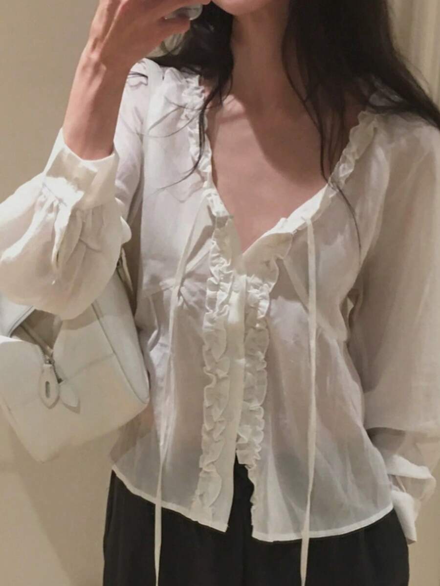 Korean Style Gentle Elegant V-Neck Ruffle Lace Tie-Front Versatile Solid Color Blouse White - White - View 1