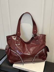 Vintage Large Capacity Tote Bag For Women, New Popular Minimalist Commuter Shoulder Bag - Red - View 9