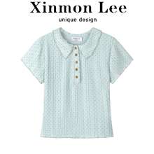 Korean Style Sweet Collar Youthful Short Sleeve Button T-Shirt For Holiday Evening Date And Daily Wear In Summer - Green - View 1