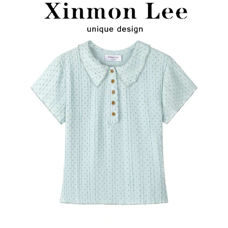 Korean Style Sweet Collar Youthful Short Sleeve Button T-Shirt For Holiday Evening Date And Daily Wear In Summer - Green - View 1
