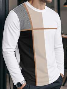 Men's Premium Geometric Grid Colorblock Patchwork Casual Long Sleeve T-Shirt | Loose Fit Comfortable Versatile Top - White - View 2